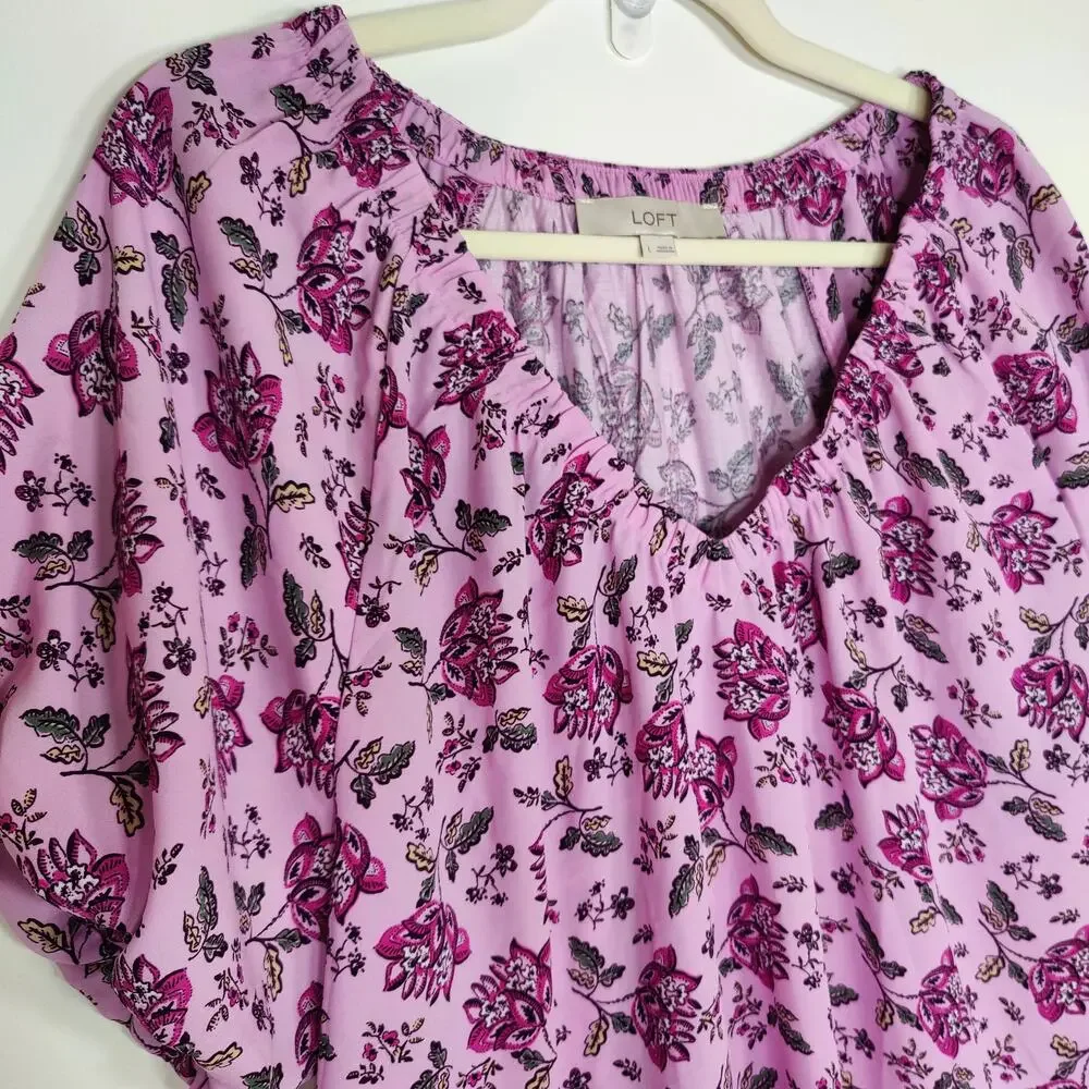 LOFT Floral Puff Sleeve Top‎ L Romantic Fairycore Coquette Boho